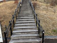 雪が舞っています。階段もうっすらと白く。